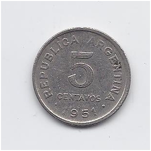 ARGENTINA 5 CENTAVOS 1951 KM # 46 VF