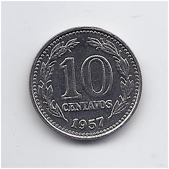 ARGENTINA 10 CENTAVOS 1957 KM # 54 XF/AU