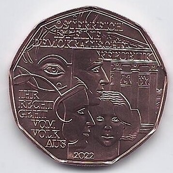 AUSTRIJA 5 EURO 2022 KM # new UNC Demokratija