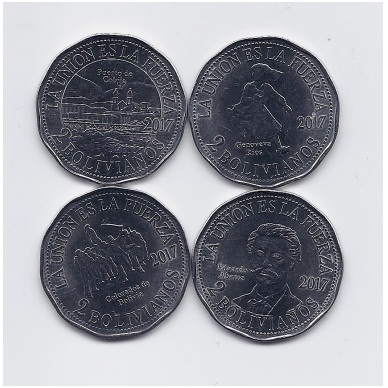 BOLIVIJA 4 X 2 BOLIVIANOS 2017 KM # 220 - 223 AU/UNC