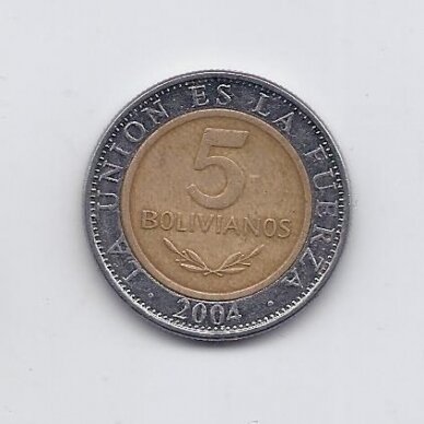 BOLIVIJA 5 BOLIVIANOS 2004 KM # 212 VF