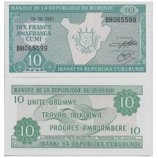 BURUNDIS 10 FRANCS 2001 P # 33d UNC