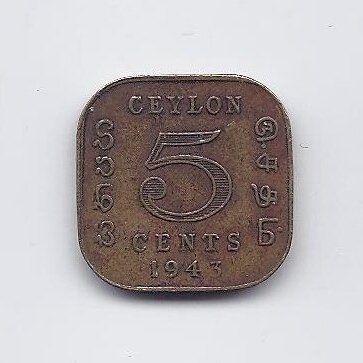 CEYLON 5 CENTS 1943 KM # 113.1 VF