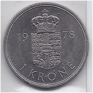 DANIJA 1 KRONE 1978 KM # 862.1 VF/XF