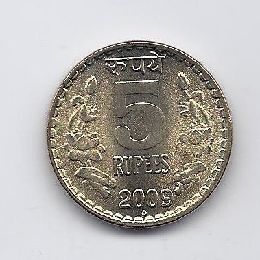 INDIJA 5 RUPEES 2009 KM # 373 AU/UNC