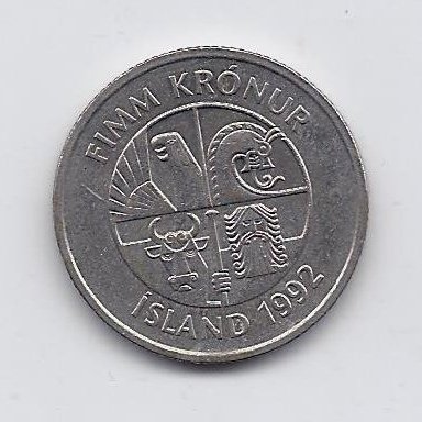 ISLANDIJA 5 KRONUR 1992 KM # 28 VF 1