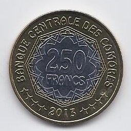 KOMORAI 250 FRANCS 2013 KM # 21 UNC Centrinis bankas