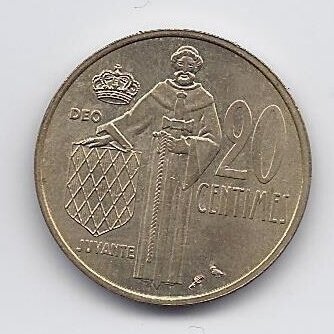 MONACO 20 CENTIMES 1974 KM # 143 XF