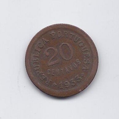 PORTUGALIJOS GVINĖJA 20 CENTAVOS 1933 KM # 3 VF