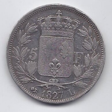 PRANCŪZIJA 5 FRANCS 1827 L KM # 728.8 VF