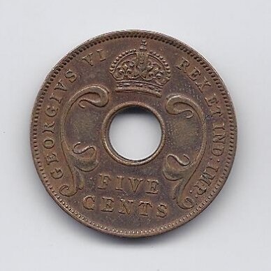 EAST AFRICA 5 CENTS 1943 SA KM # 25 F/VF 1