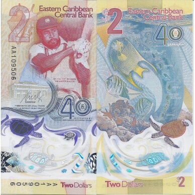 EAST CARIBBEAN 2 DOLLARS 2023 P # 61 UNC 40 Years of the Eastern Caribbean Central Bank