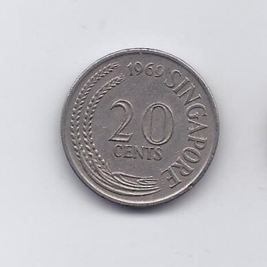 SINGAPORE 20 CENTS 1969 KM # 4 VF