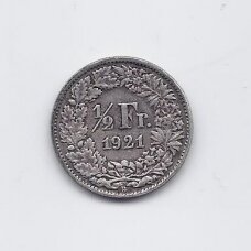 ŠVEICARIJA 1/2 FRANC 1921 KM # 23 VF