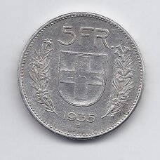 ŠVEICARIJA 5 FRANCS 1935 KM # 40 VF