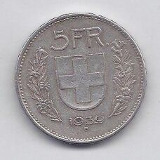 ŠVEICARIJA 5 FRANCS 1939 KM # 40 VF