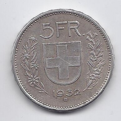 ŠVEICARIJA 5 FRANCS 1932 KM # 40 VF