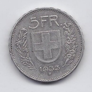 ŠVEICARIJA 5 FRANCS 1933 KM # 40 VF