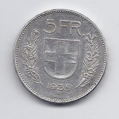 ŠVEICARIJA 5 FRANCS 1935 KM # 40 VF