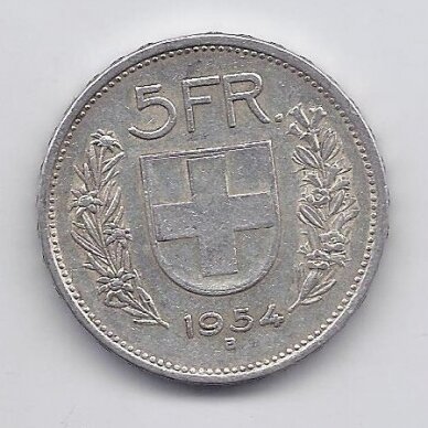 ŠVEICARIJA 5 FRANCS 1954 KM # 40 VF