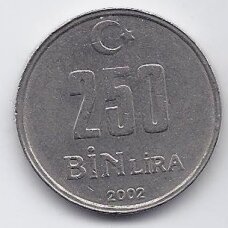 TURKIJA 250 000 LIRA 2002 KM # 1137 VF