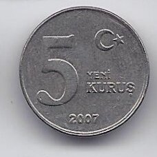 TURKIJA 5 KURUS 2007 KM # 1165 VF/XF