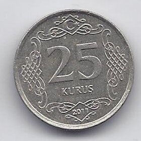 TURKEY 25 KURUS 2011 KM # 1242 VF/XF