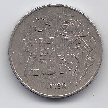 TURKEY 25 000 LIRA 1996 KM # 1041 VF