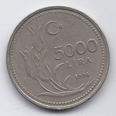 TURKEY 5000 LIRA 1994 KM # 1025 VF