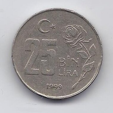 TURKIJA 25 000 LIRA 1999 KM # 1041 VF