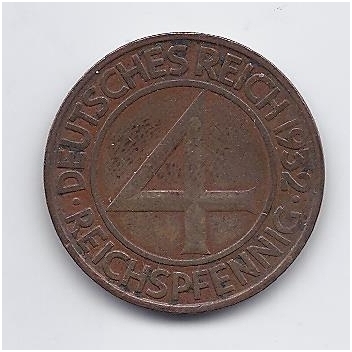 GERMANY 4 REICHSPFENNIG 1932 A KM # 75 VF